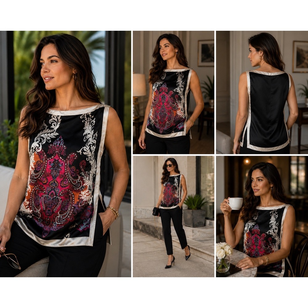 Bebe Womens Silk Scarf Print Sleeveless Top Black Pink Paisley Boat Neck M Chic